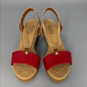 Malu Super Comfort Red & Tan T-Strap Wedge Sandals - Women's Size 8